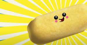 Twinkie with a face on yellow background