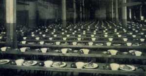 dining tables arranged with meals for prisoners at the Ohio State Penitentiary