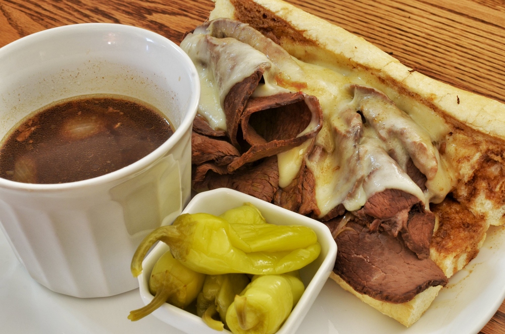 Philly steak sandwich served au jus