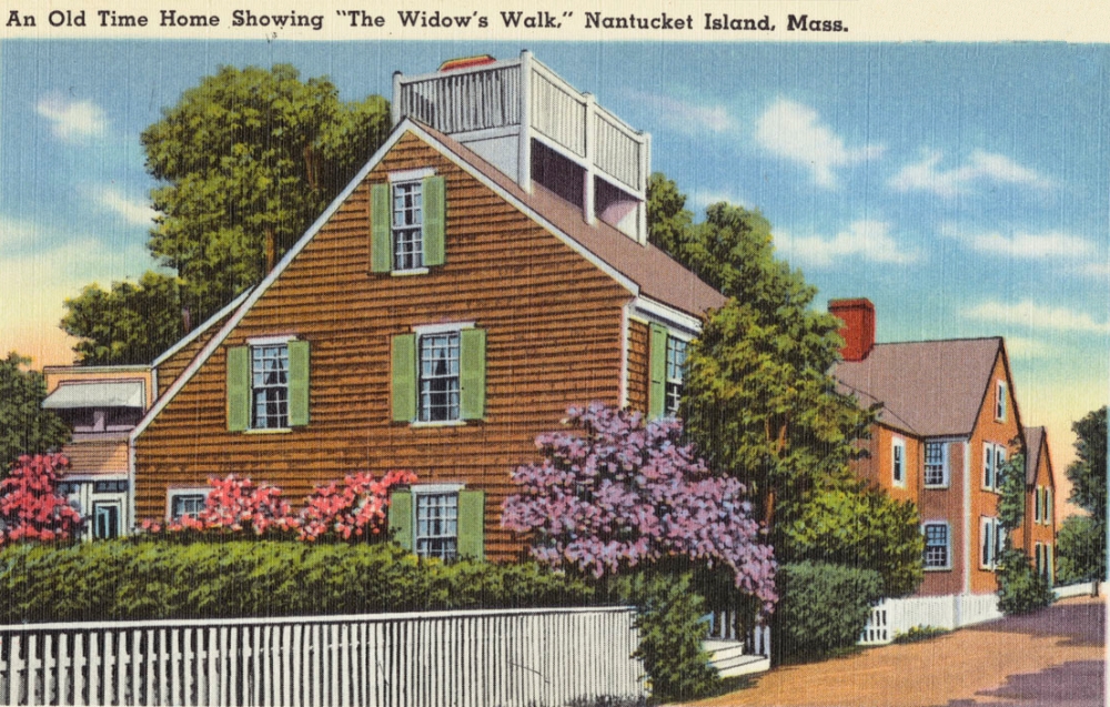 color postcard of a New England home with prominent widow's walk