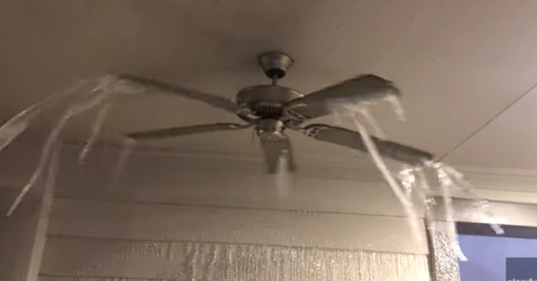Icicles Form On A Spinning Ceiling Fan During The Freezing Weather In Texas