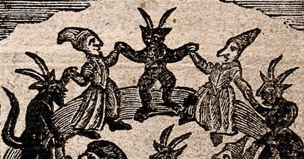 18th century wood cut print of witches cavorting with demons