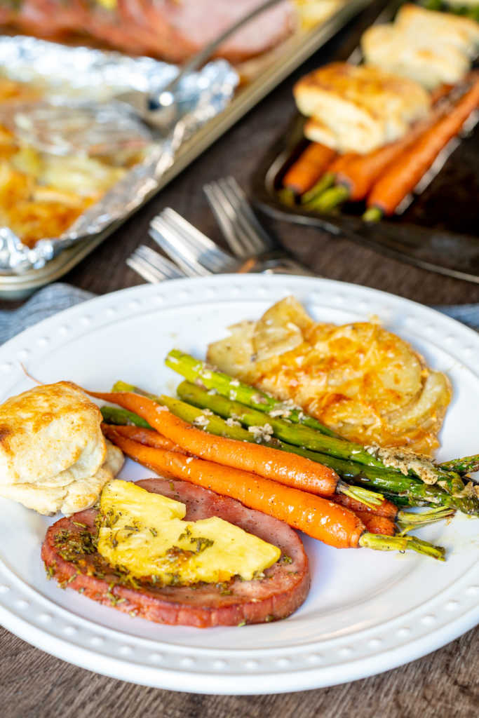 Sheet Pan Easter Dinner with Ham - with potatoes and creamed spinach!