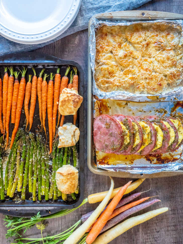 Sheet Pan Easter Dinner with Ham - with potatoes and creamed spinach!