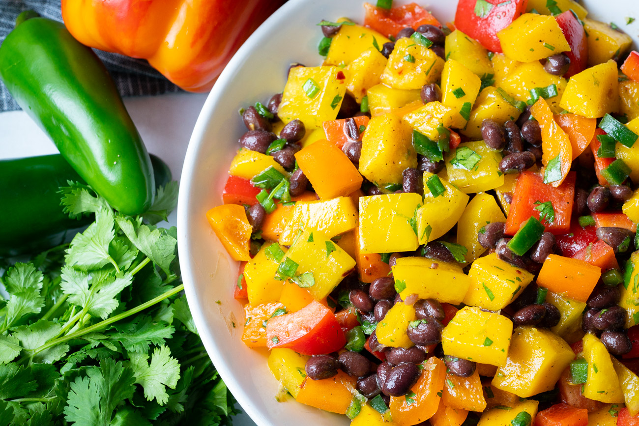 Close up of mango black bean salad