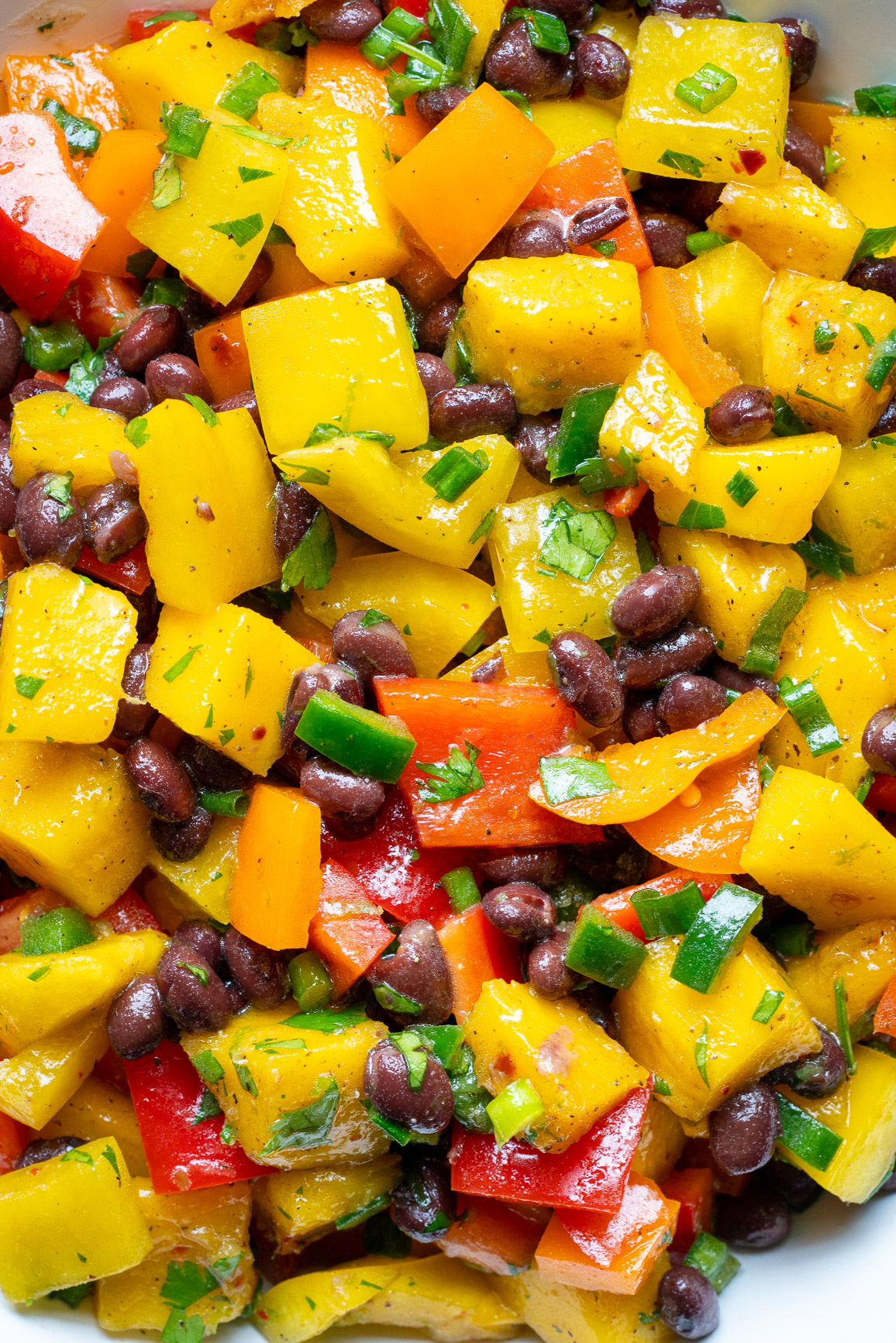 Ultra close up of mangos, black beans, red peppers, and cilantro in a bowl