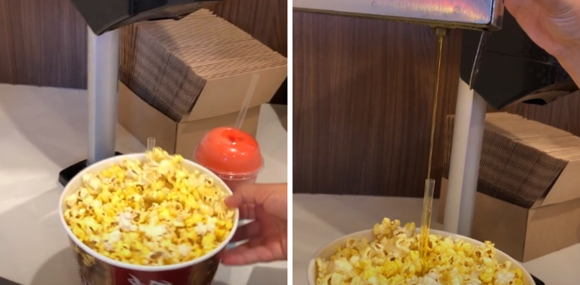 Movie theater popcorn hack: use a straw on the machine to get butter to the  middle of the bag, and not just on the top. Credit to my gf the genius 