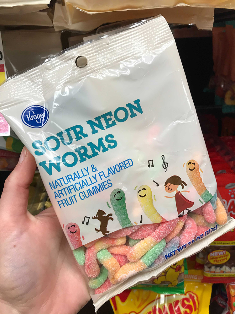 Bag of sour neon gummy worms