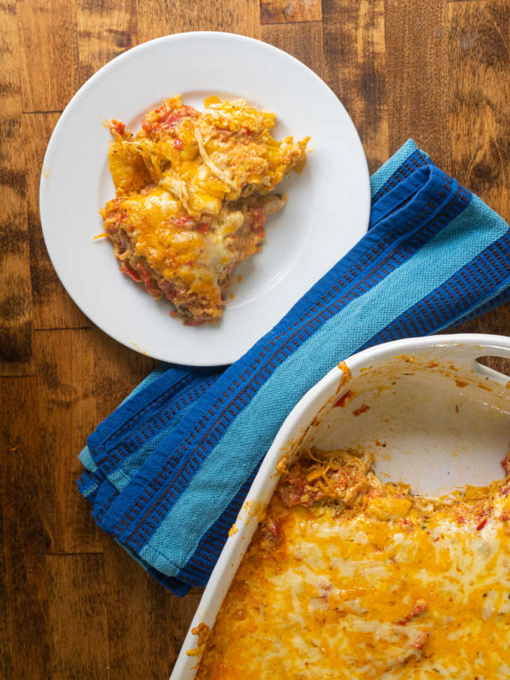 A plate of cheesy chicken casserole