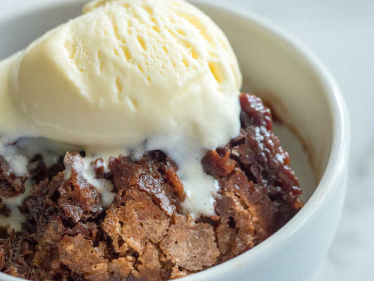 Bowl of chocolate cobbler and ice cream