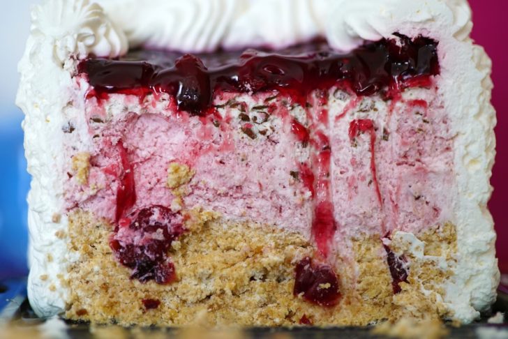 close up of layers on a cherry icebox cake