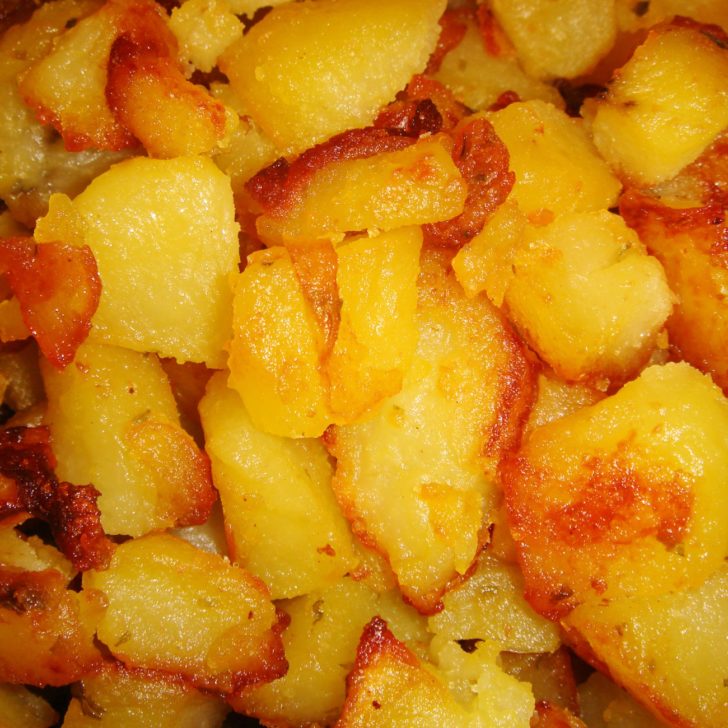 Close up of diced crispy potatoes