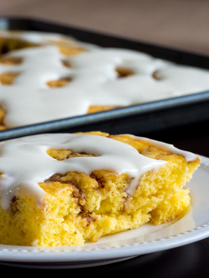 Close up of cinnamon roll sheet cake