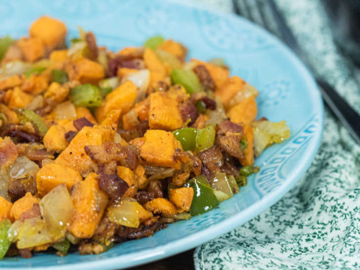 Plate of sweet potato hash and bacon