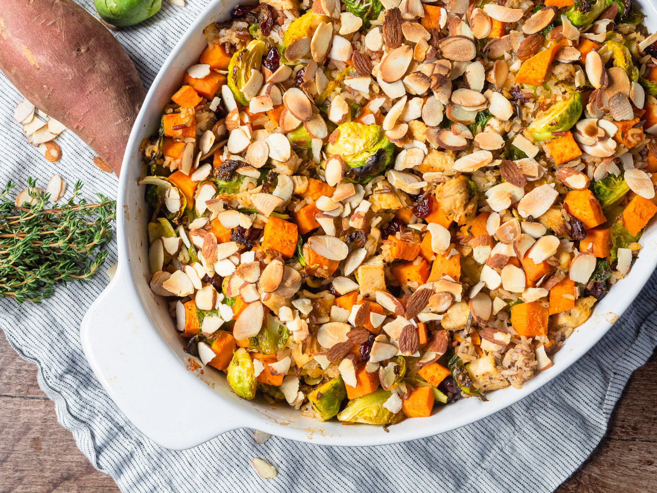 Top down of cheesy chicken sweet potato bake