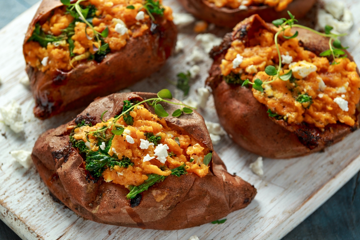 Kale-Stuffed Feta Sweet Potatoes