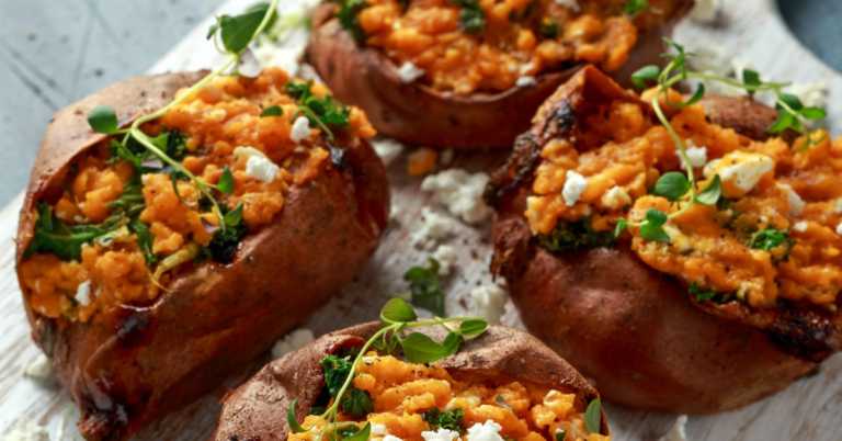 Kale-Stuffed Feta Sweet Potatoes