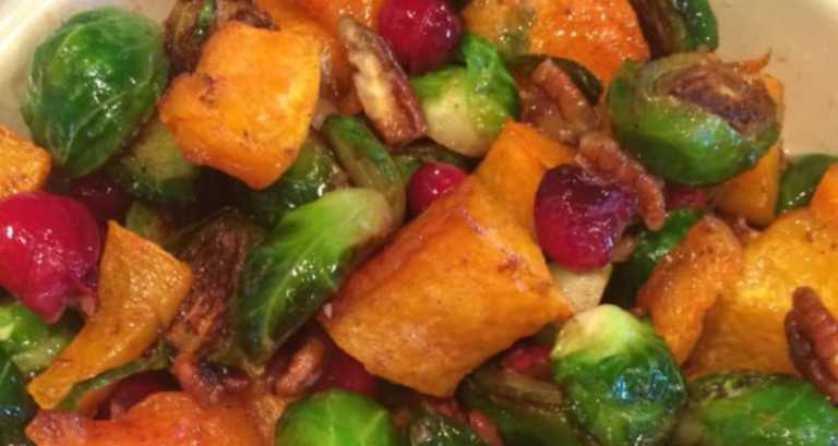 Pan-Seared Brussels Sprouts, Roasted Butternut Squash, Cranberries, Maple Syrup, with Pecans by Donna Fisher