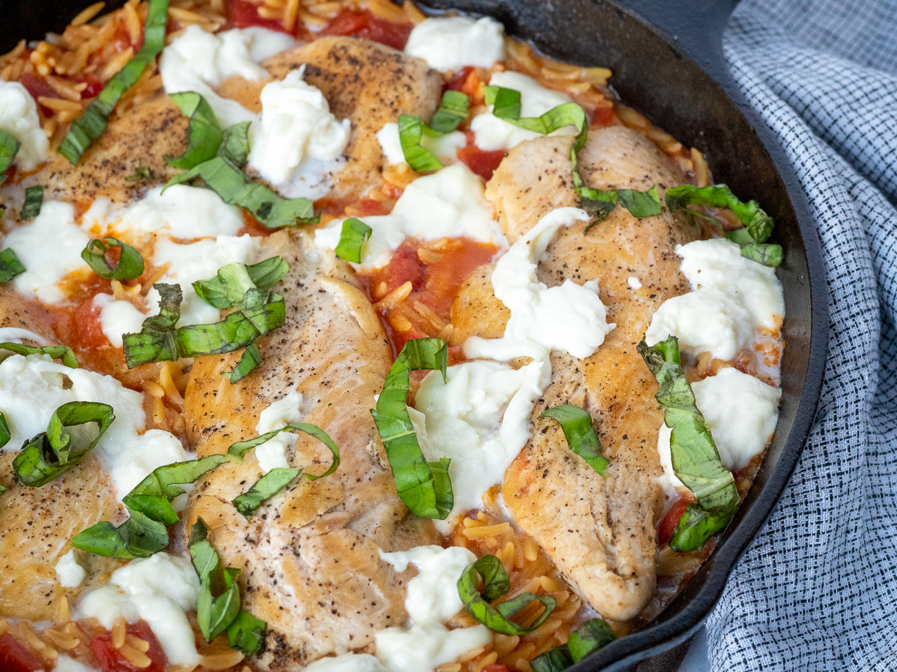 One-Skillet Caprese Chicken Orzo