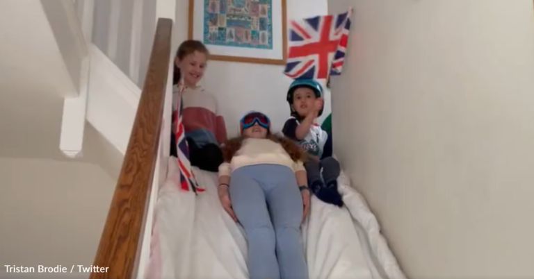 Dad Creates Home Olympic “Luge” Event On The Stairs For His Kids