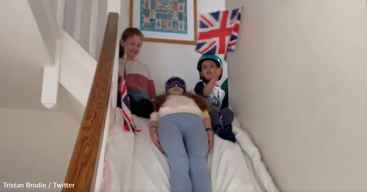 Dad Creates Home Olympic Luge Event On The Stairs For His Kids