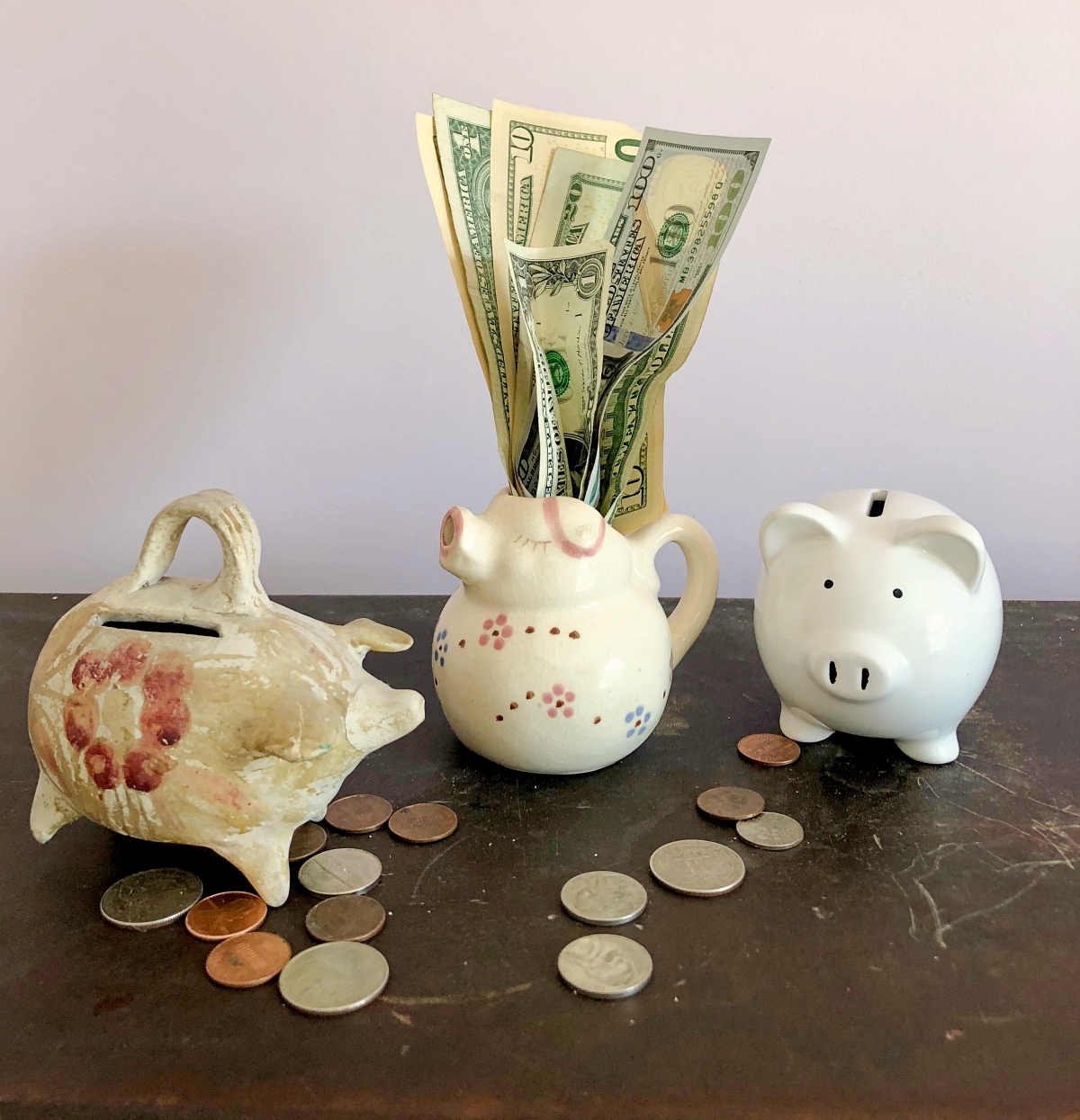 vintage piggy bank with money 