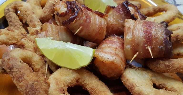 Air Fryer Onion Rings and Bacon Roll Ups