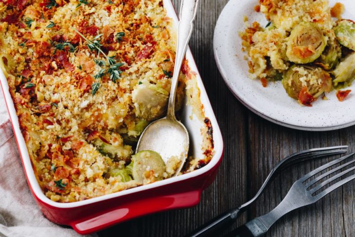 Baked brussels sprout gratin with a bacon and bread crumbs