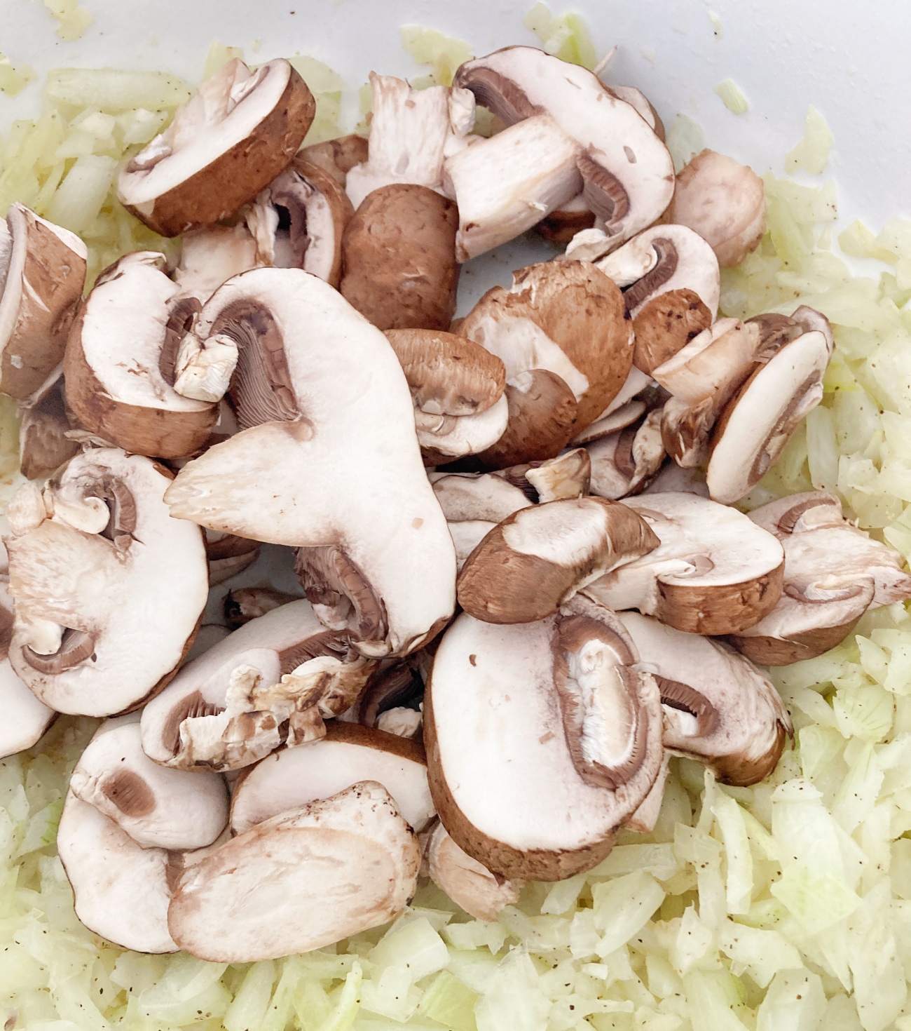Add 2 tablespoons oil to a medium stockpot set to medium heat. Add chopped onions and garlic. Cook for 8 minutes. Make a hot spot in the center and add 1 tablespoon oil and fresh mushrooms. Cook for 10 minutes, stirring mushrooms twice until they are browned on both sides.