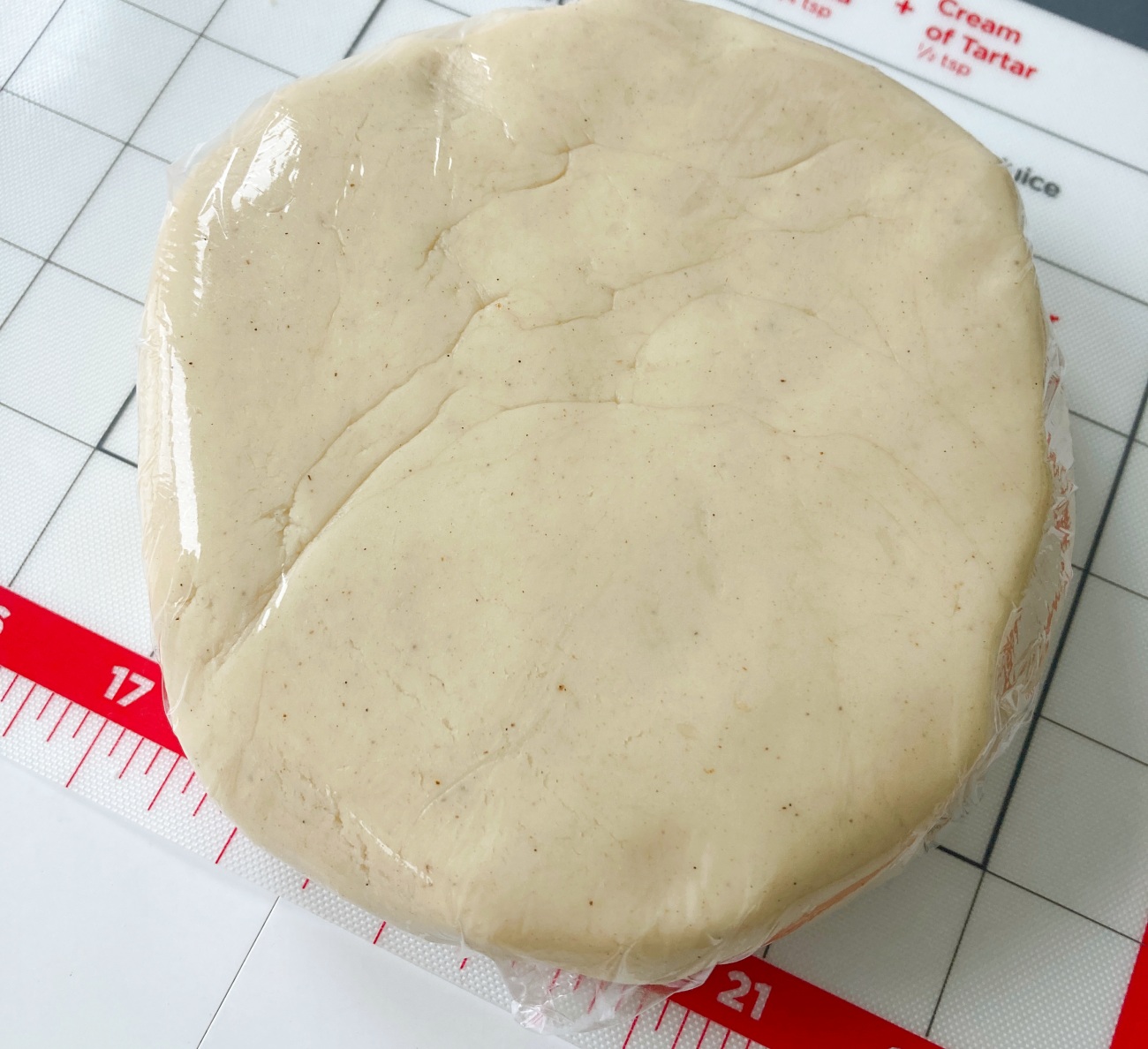 Knead for 1 minute before forming into a disk. Wrap with plastic wrap and refrigerate for 15-30 minutes.