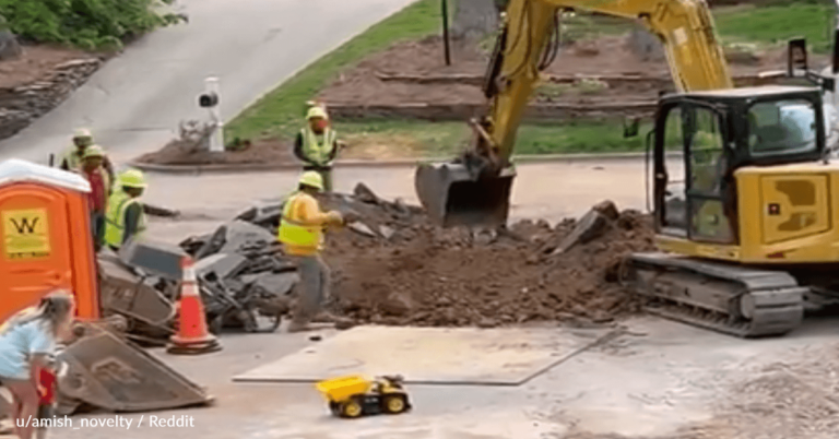 Construction Workers Use Huge Excavator To Fill A Kid’s Toy Truck