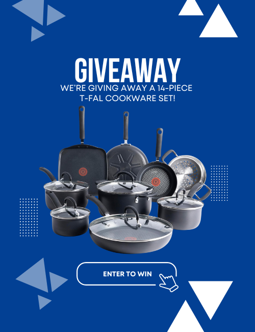 A collection of pots and pans displayed beneath a banner that reads: “Giveaway: We’re giving away a 14-piece T-Fal cookware set!” Below, a call-to-action suggests: “Enter to win.”