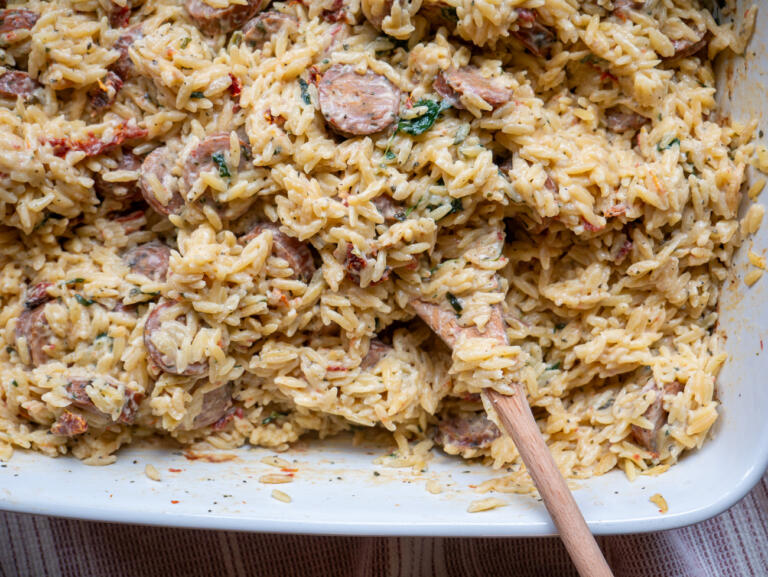 Orzo Boursin Sausage Bake