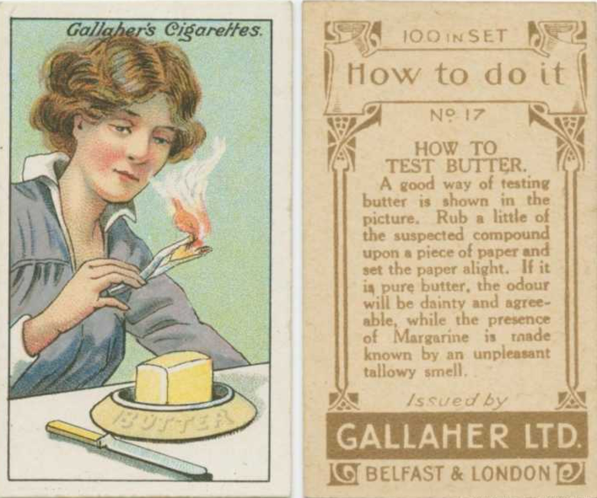 cigarette card showing how to detect real butter from imitations