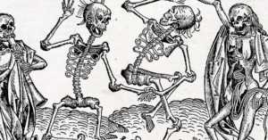 15th century woodcut of skeletons dancing