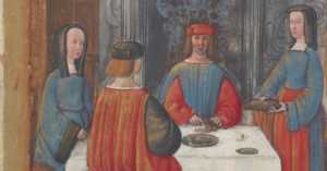 depiction of a meal being served in an upper class medieval household