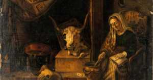 historical painting of a with with a cauldron surrounded by skulls