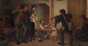 mid-1800s print of a traveling fiddler entertaining a family around the hearth