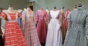 museum display of 1970s Laura Ashley prairie dresses, Bath, 2013