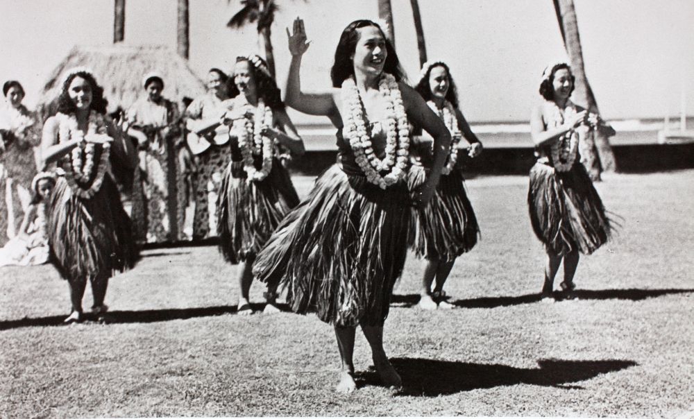 black and white photo of hula dancers in Hawaii