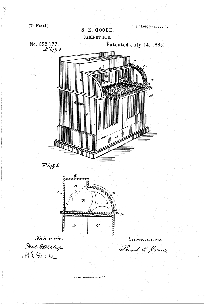 1885 patent by Sarah Goode for a cabinet bed