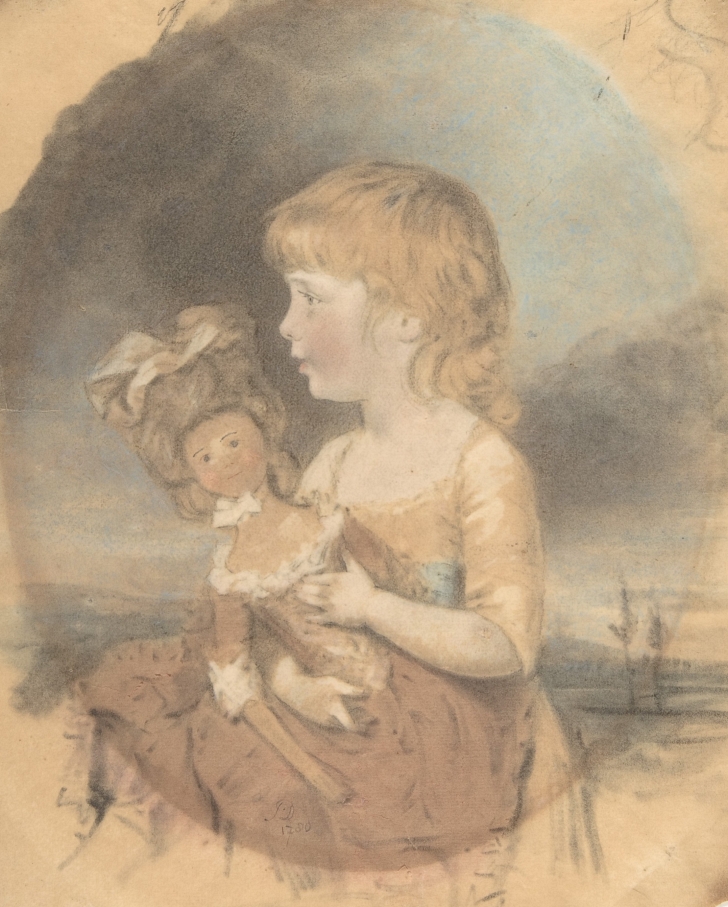 portrait of a child holding a fashion doll, 1780