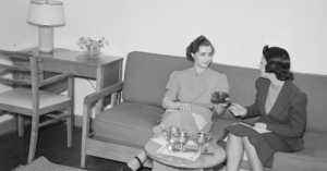 2 women having tea, late 1930s