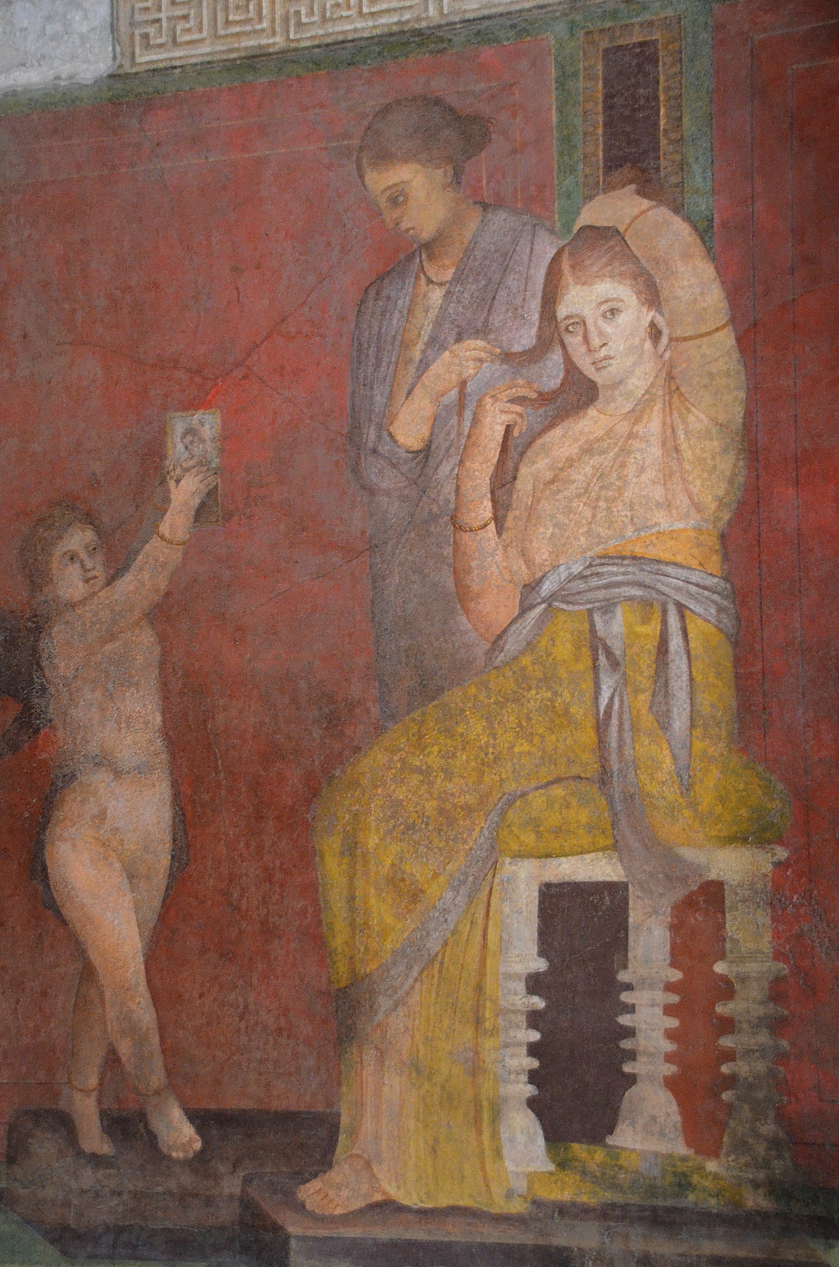 woman having her hair done by servant at Pompeii fresco