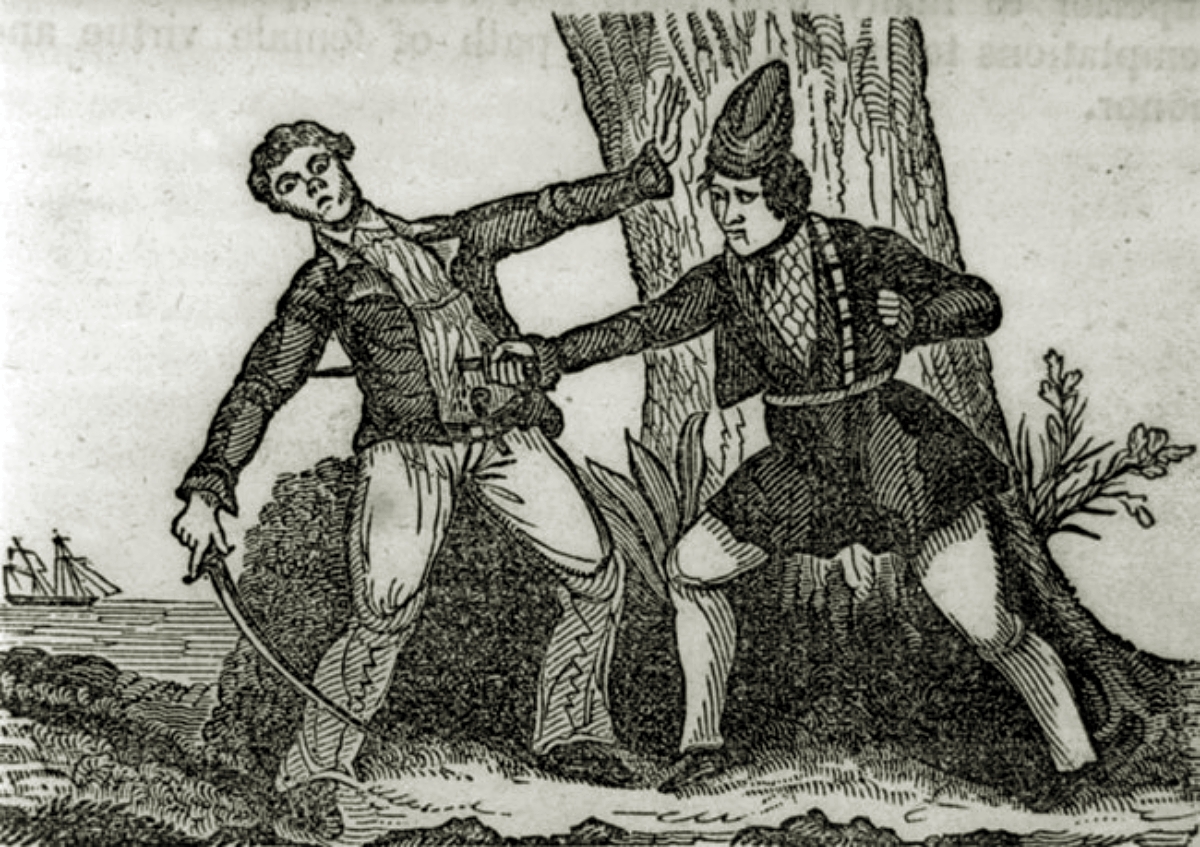 engraving of Mary Read stabbing a man