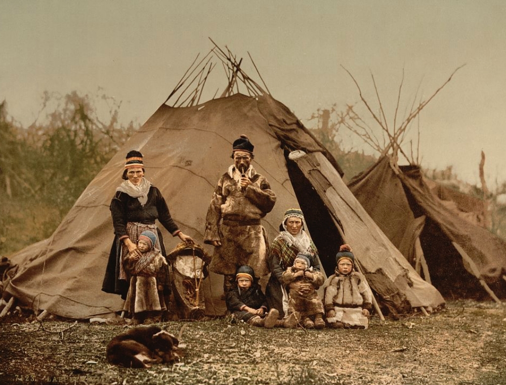 colorized photo of Sami peoples circa 1900