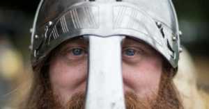 Viking helmet on modern day man