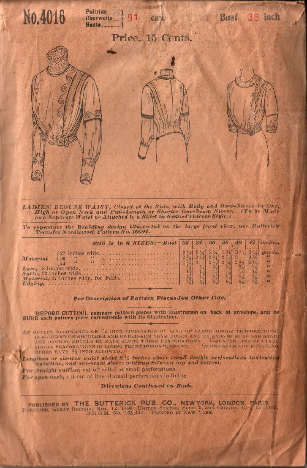 1898 blouse sewing pattern