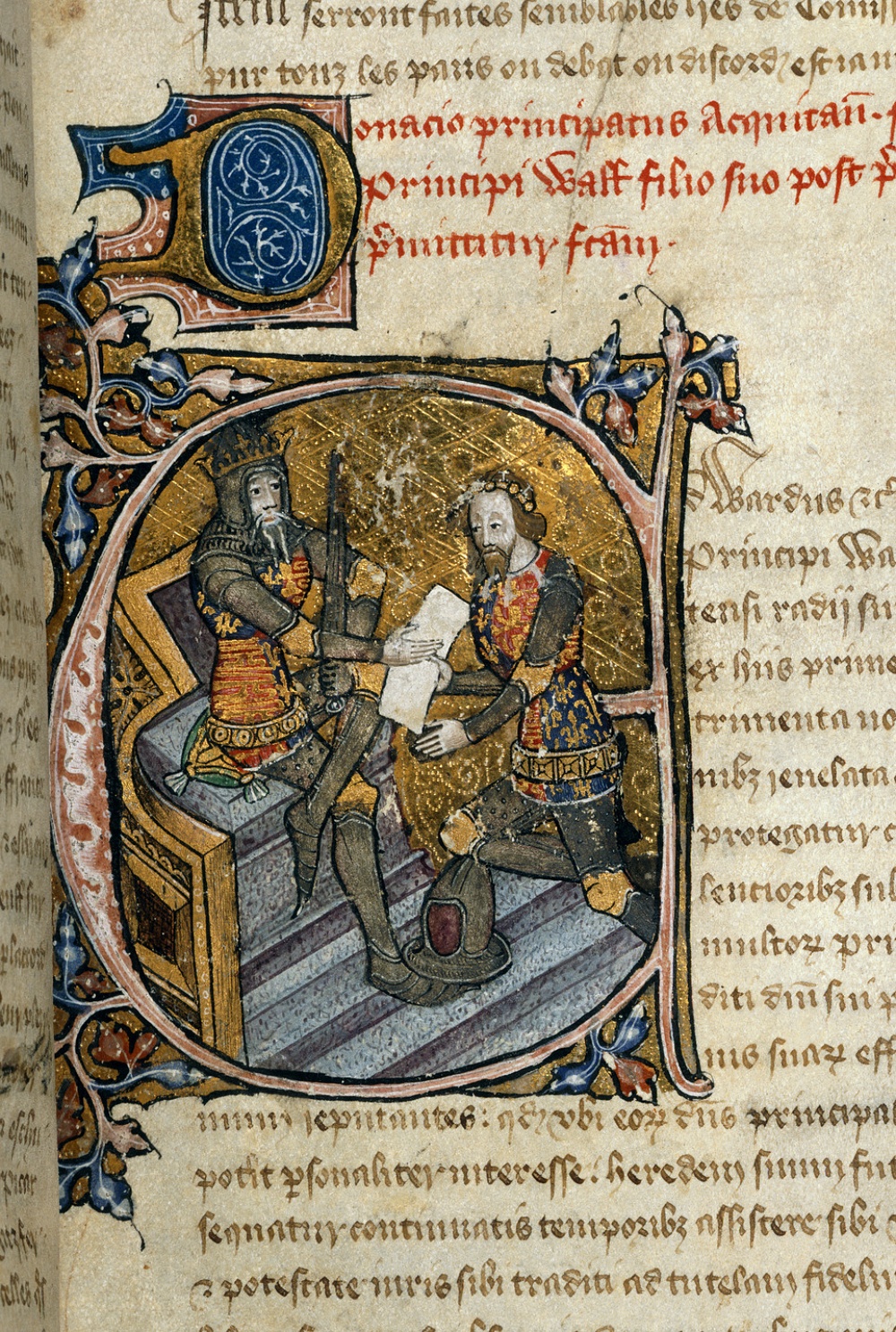 14th century illuminated illustration of King Egward III grantinh Aquataine to the Black Prince