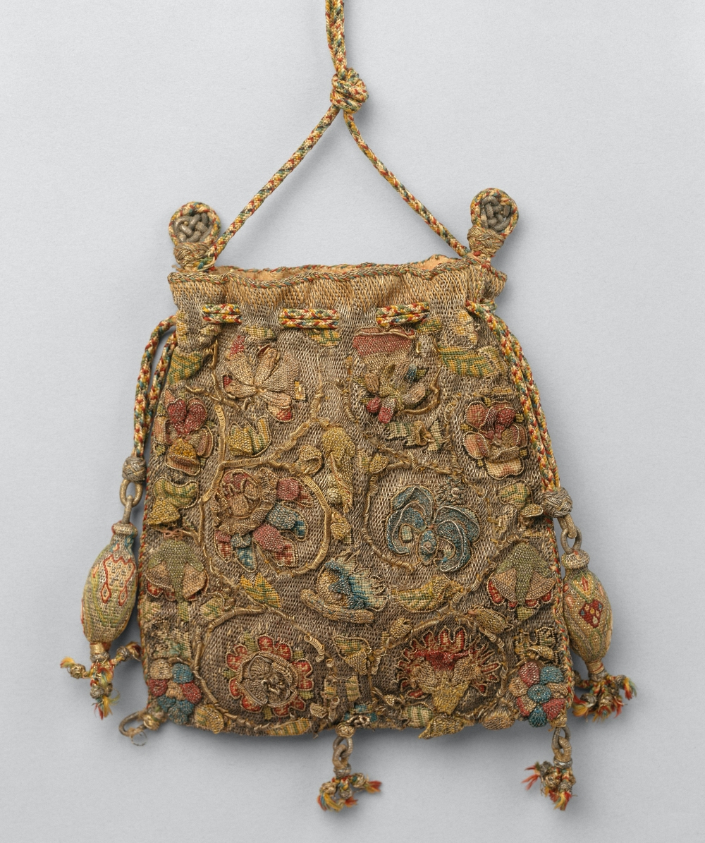 late 16th century sweet bag heavily embroidered in silk and metal soutache bag heavily